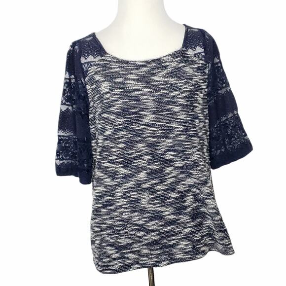 Anthropologie Postmark Patel Tweed Lace Sleeve Shirt Navy Women Medium - Picture 2 of 10